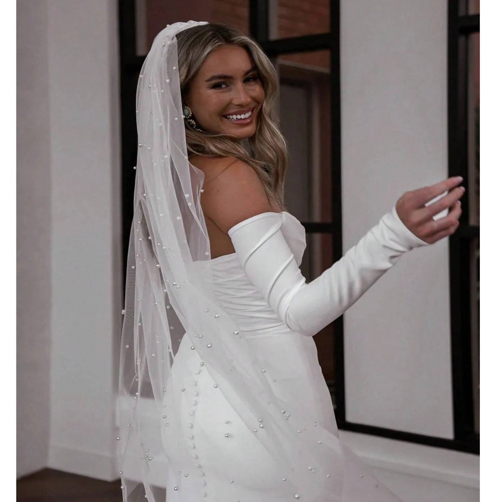 New White 118 inch Pearl Wedding Veil Cathedral Extra Long Embellished..